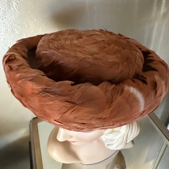 REFINED 1960s' HAT COVERED IN RUST COLORED FEATHERS